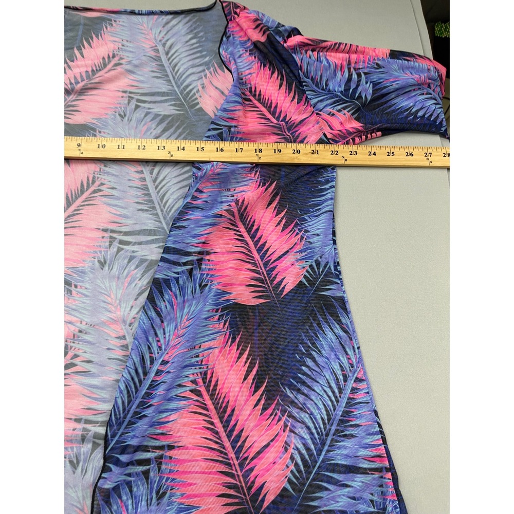 Tropical Palm Leaf Mesh Kimono Cardigan Pink Purple Blue Open Front Cover Up L - Picture 8 of 8